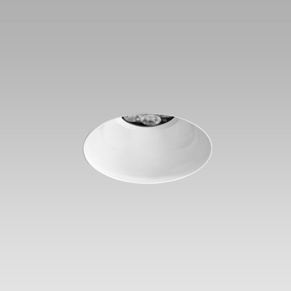 Apparecchio da incasso a soffitto di forma tonda per illuminazione interna, senza cornice e con ottica bianca