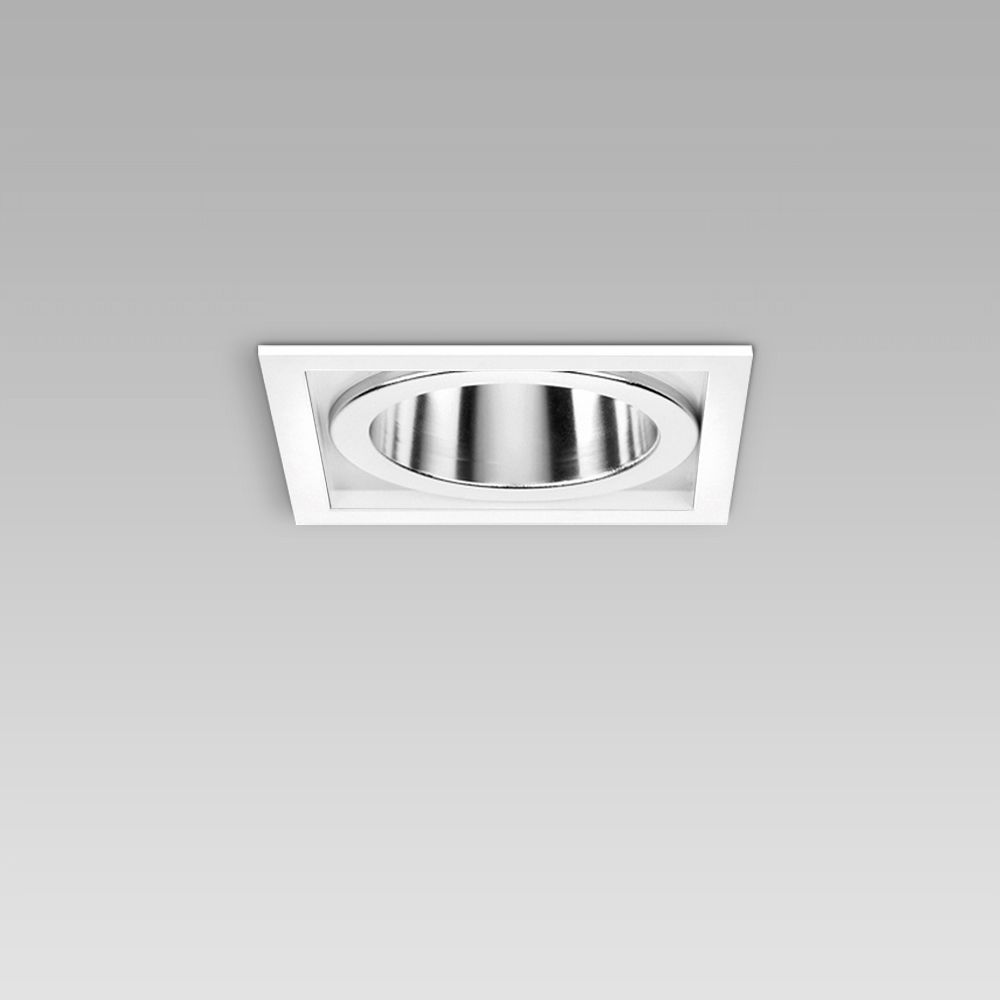 Downlight da incasso a soffitto per illuminazione d'interni, senza vetro e con ottica orientabile, dall'elegante design quadrato